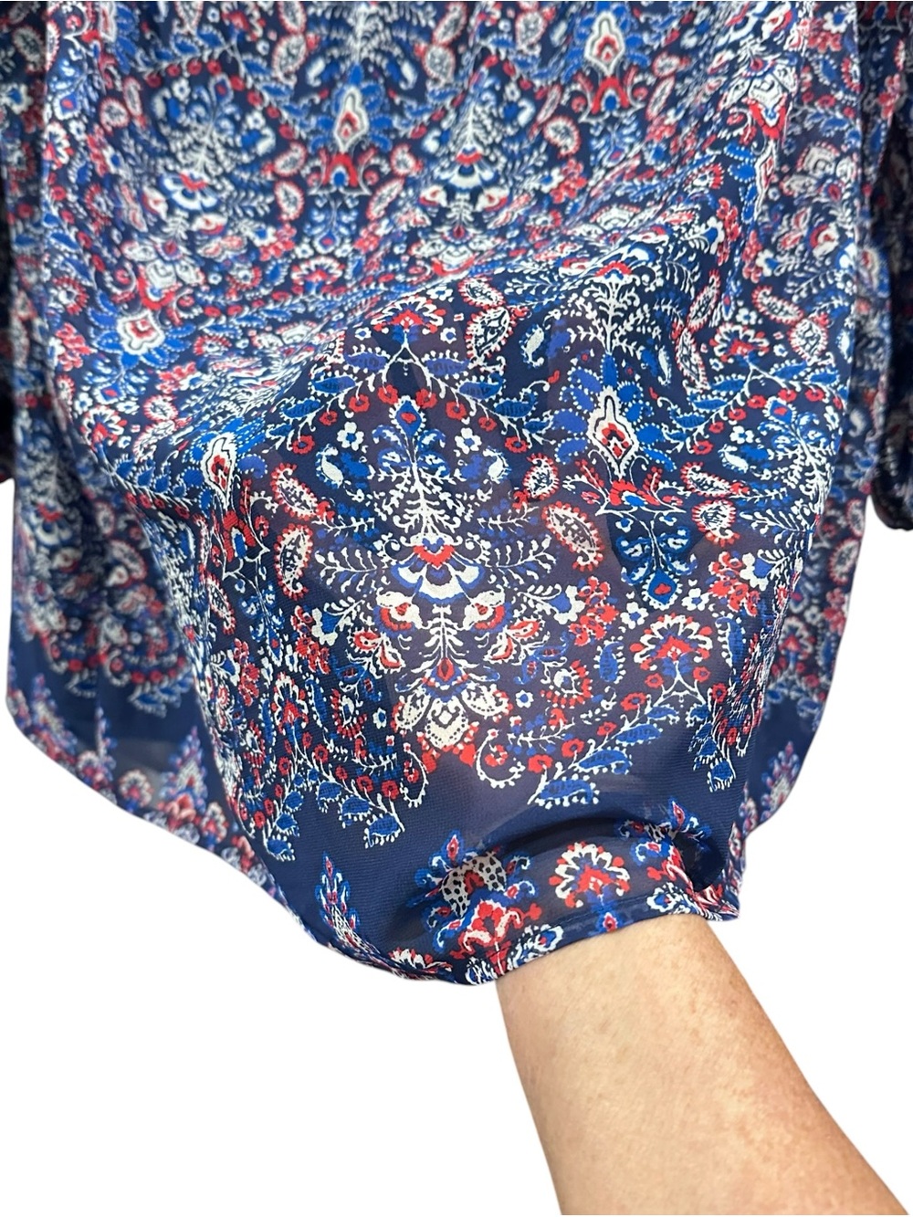 Alyx Women’s 1X Boho Peasant Blouse Blue Red Paisley Smocked Off Shoulder NWT - Picture 6 of 15